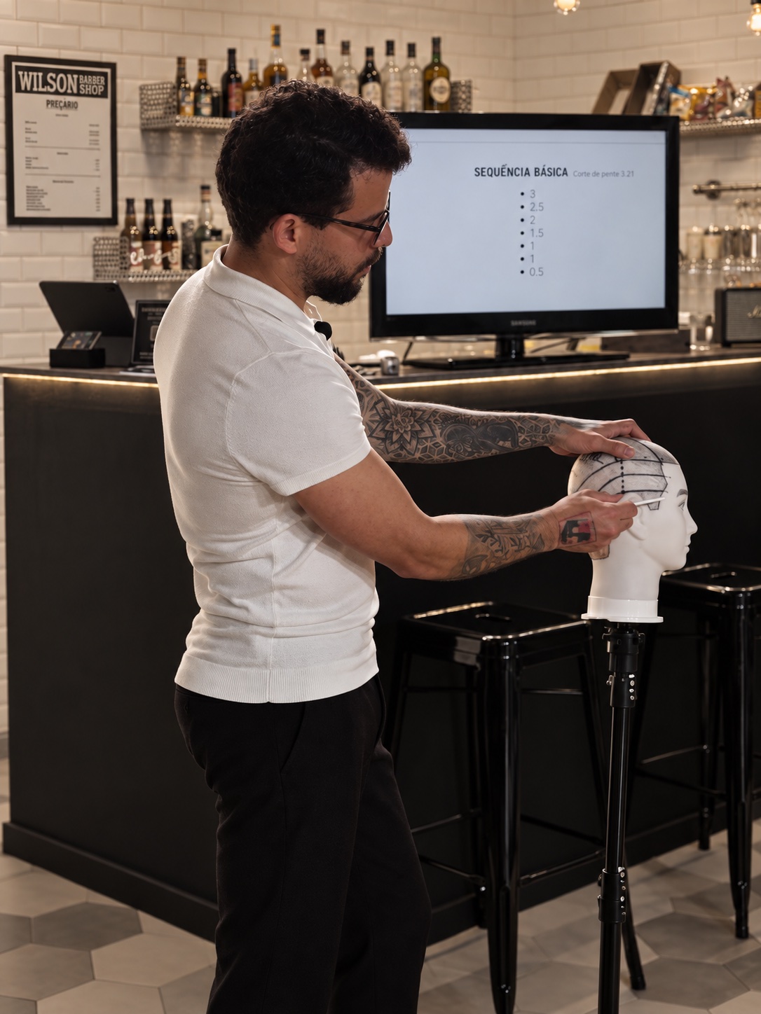 Demonstração de técnica de corte numa cabeça de treino, dentro da barbearia